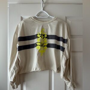 Cropped Cream Graphic Sweatshirt with Navy Stripes